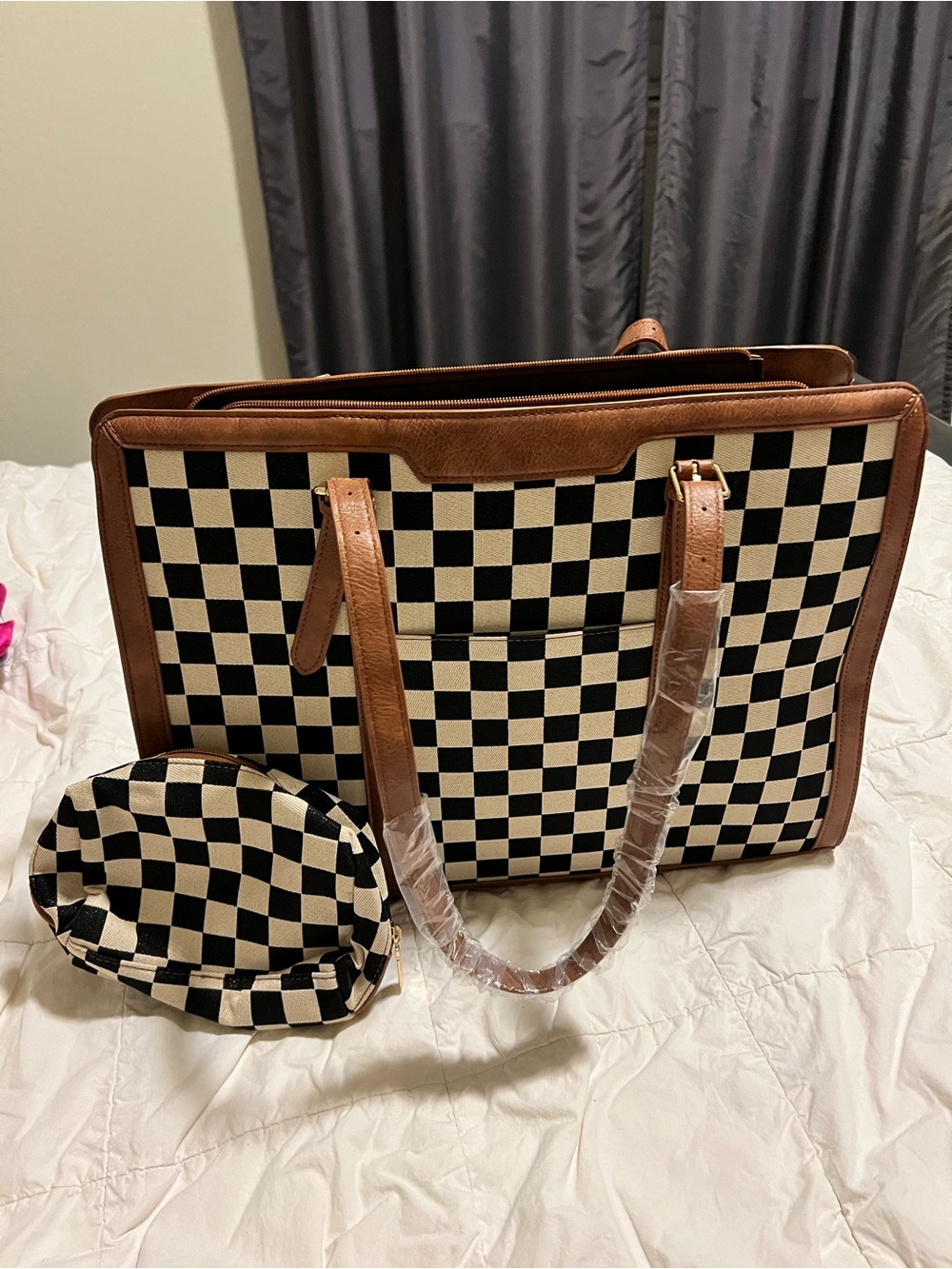 Checkerboard Canvas Shoulder Tote with Brown Trim very large. Great for travel